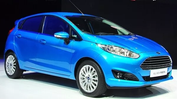 Angular front of a blue Ford Fiesta