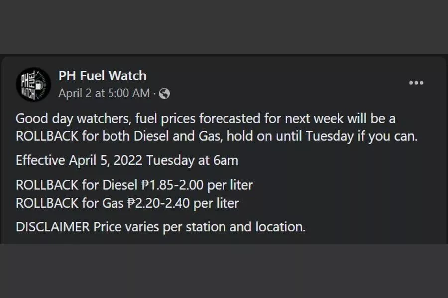 PH Fuel Watch advisory for April 5