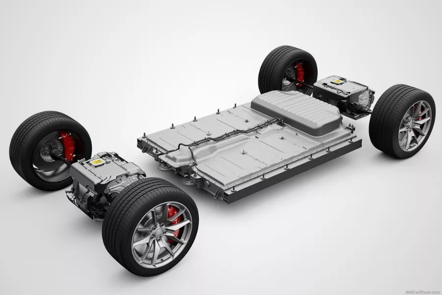 The Charger Dayona's batteries (center) and its electric drive modules