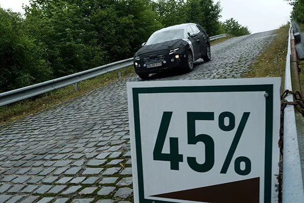 Hyundai Tucson's hill braking assist in action A picture of the Tucson on a steep hill.