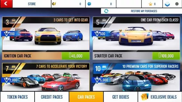 The Asphalt 8: Airborne has a collection of more than 140 vehicles Screenshot of Car packs in Asphalt 8: Airborne racing game