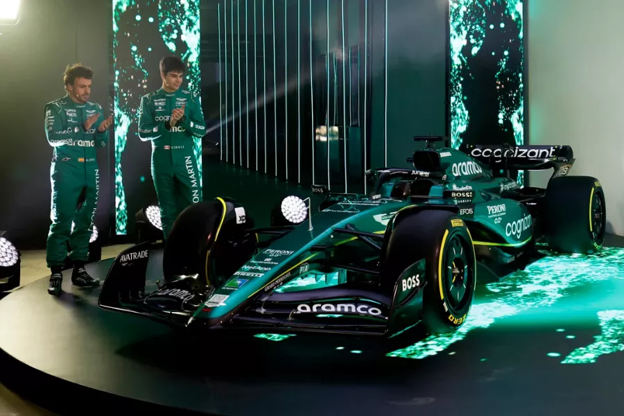 Aston Martin AMR23 with drivers Fernando Alonso and Lance Stroll