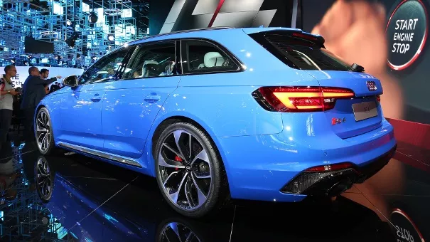 A blue 2018 Audi RS4 Avant angular rear view