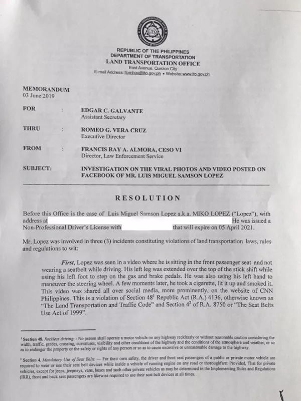First page of the memorandum provided by the LTO on the case of Lopez