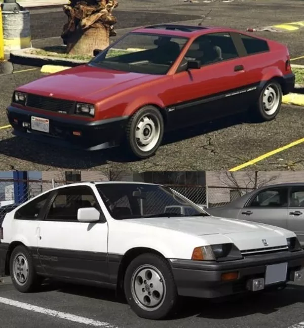A picture of the Blista compact in GTA V and the Honda CR-X