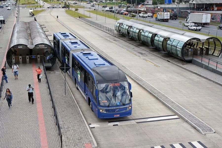 A picture of a BRT station and bus in Indonesia