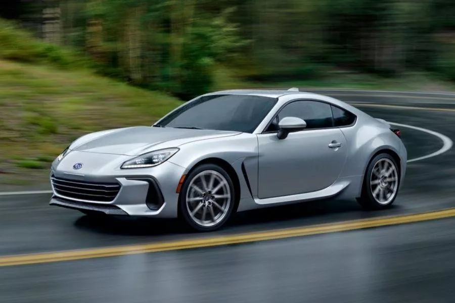 A shot of the 2022 Subaru BRZ on a mountain road.