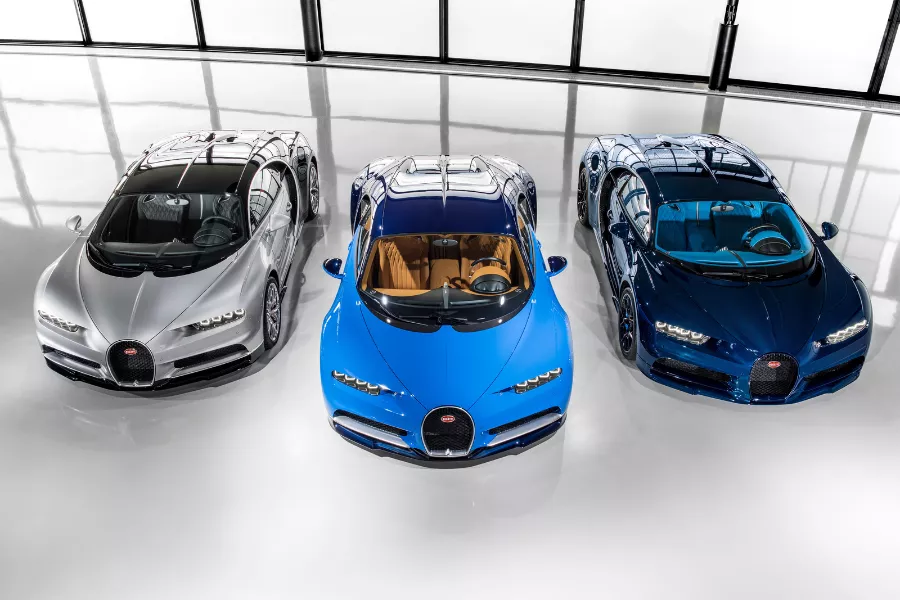 Bugatti cars lined up