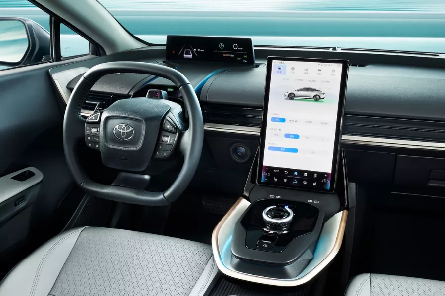 Specs are yet to be released, but we do know that its getting a portrain-style touchscreen A picture of the Toyota bZ3's interior