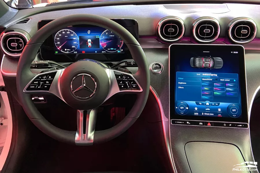 A closer look at the central touchscreen and digital gauge cluster A picture of the C-Class's gauge cluster and headunit