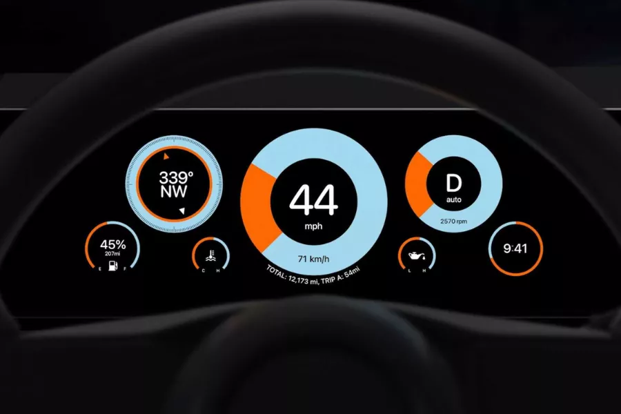 A picture of a custom digital gauge cluster via the next-gen Apple CarPlay