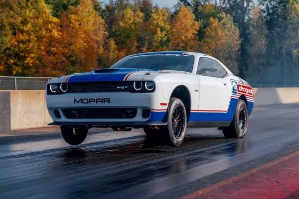 A picture of the Challenger Drag Pak on a dragstrip.