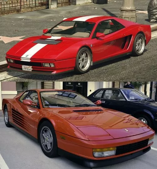 A picture of the GTA V Cheetah and the real life Ferrari Testarosa