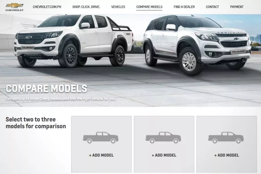 Chevrolet PH's Shop. Click. Drive model comparison function