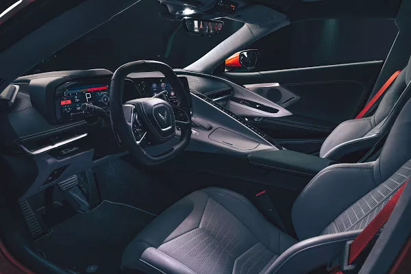 The console button is laid out horizontally streaming down this center 2020 Chevy Corvette C8 Stingray interior