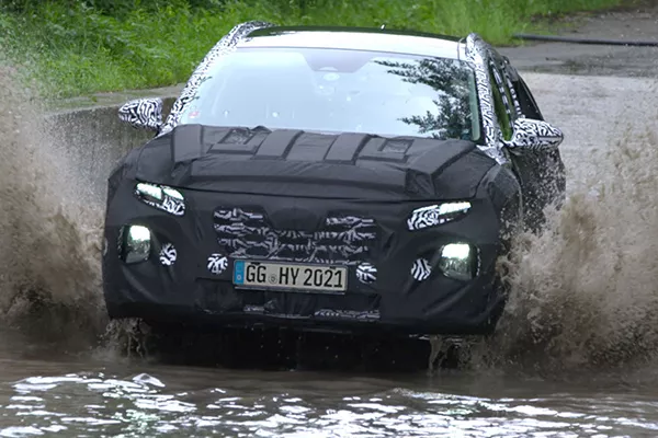 A picture of the Hyundai Tucson undergoing water wading tests.