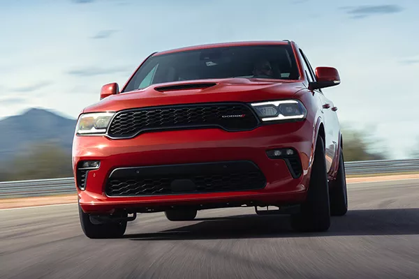 A picture of the front of the Durango SRT Hellcat on a racetrack