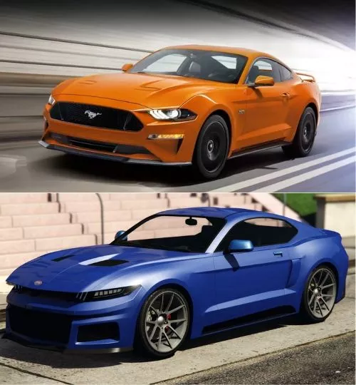 A picture of the real Mustang and the GTA V Dominator