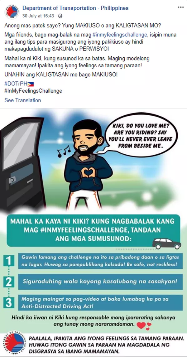 DOTr- Philippines' post on facebook of the #KikiChallenge