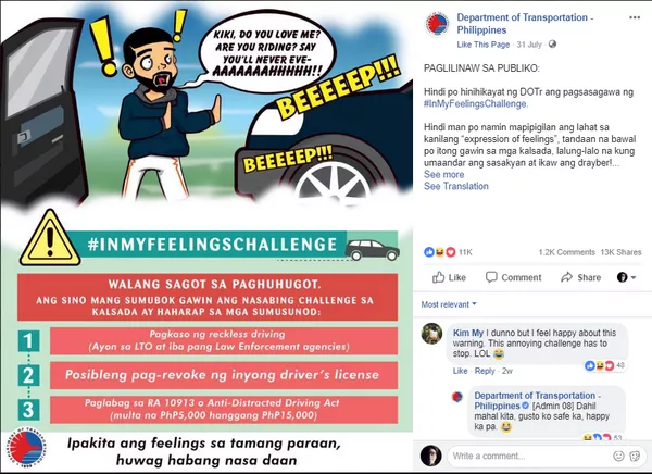 DOTr- Philippines' post on facebook of safety when doing the #KikiChallenge