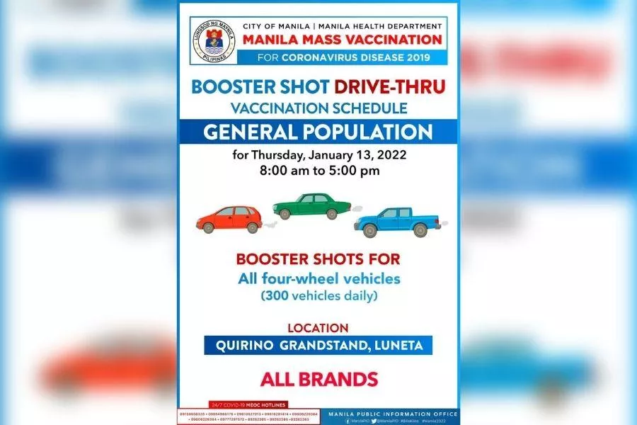 An announcement for the COVID-19 vaccine drive-thru booster site in Manila.