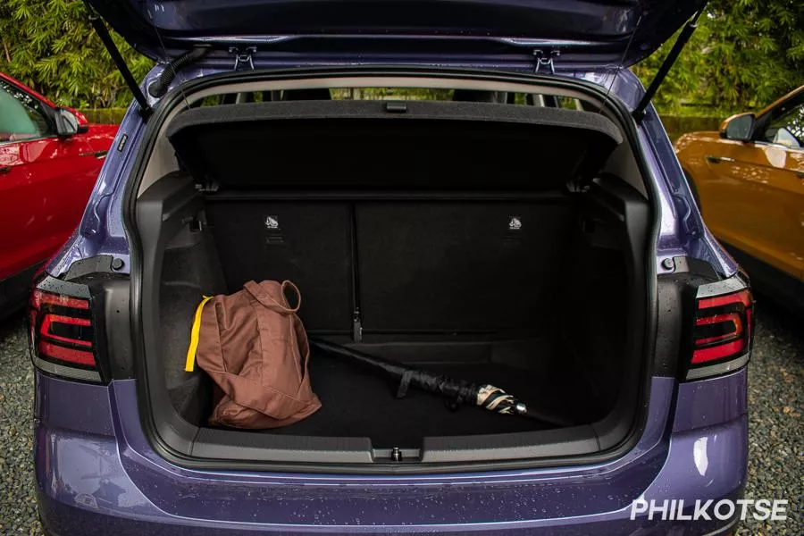 It gets a sizable trunk, which is great for road trips, shopping, etc. A picture of the T-Cross' open trunk.