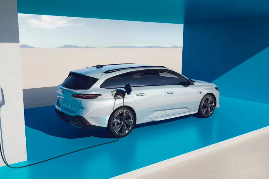 A rear quarter view of the e-308 wagon as it charges