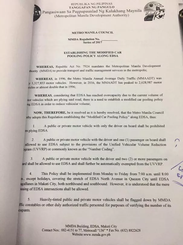 scanned copy of the Modified Car Pooling Policy of MMDA