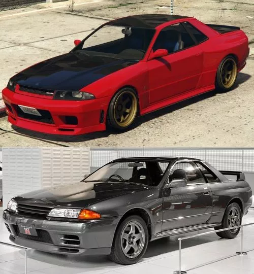 A picture of the Elegy Retro from GTA V and the Nissan Skyline R32 GTR