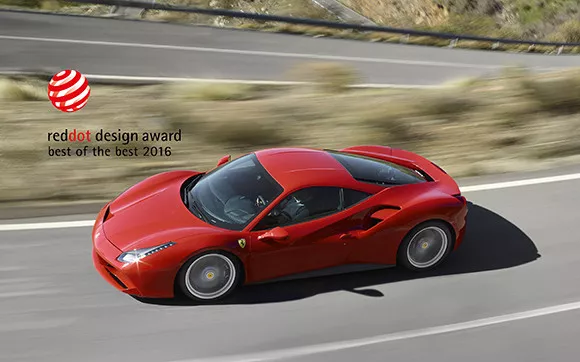 The 488 GTB wins the 2016 Red Dot award A Red Ferrari 488 GTB on the road