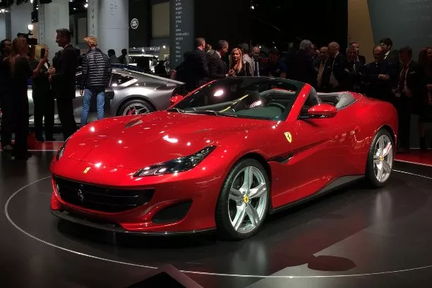 A red Ferrari Portofino on display