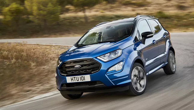 A blue European EcoSport 2018 angular front view