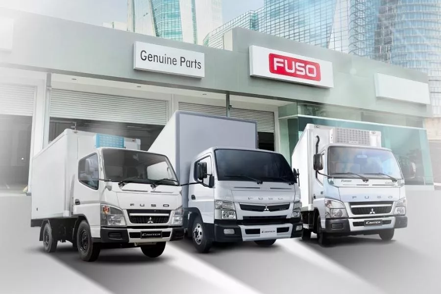 Fuso trucks by a Fuso dealership