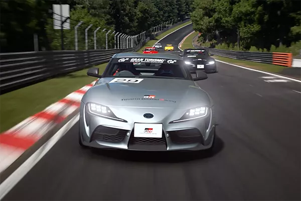 A picture of Supras racing on a race track in Gran Turismo Sport