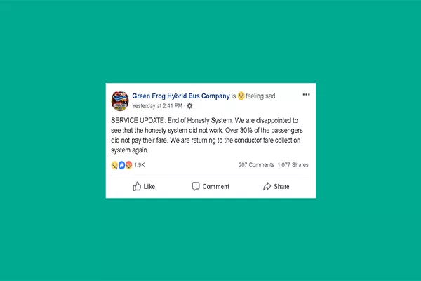 A screenshot of Green Frog's disappointed Facebook post announcing their decision to end their honesty payment system.