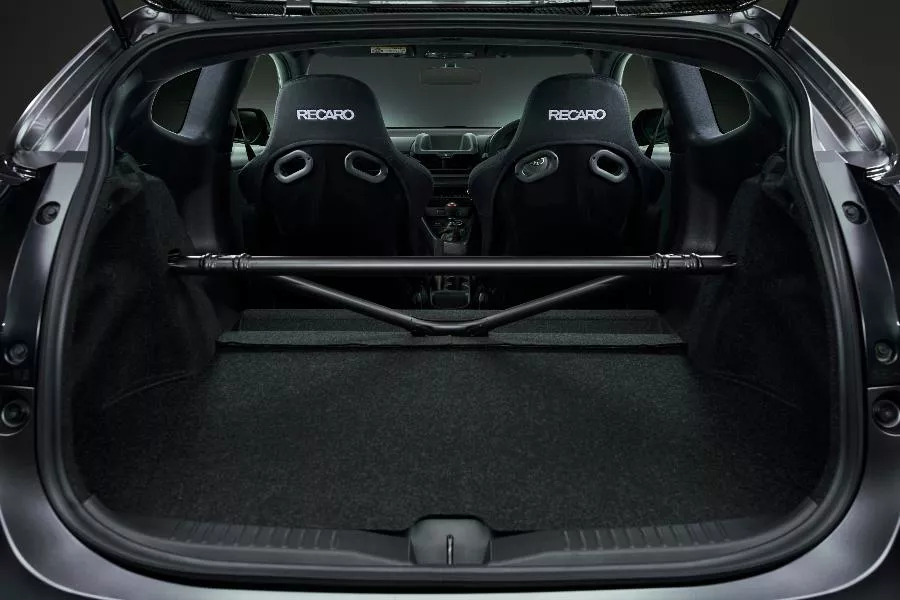 A picture of the interior of the GRMN Yaris from the trunk.