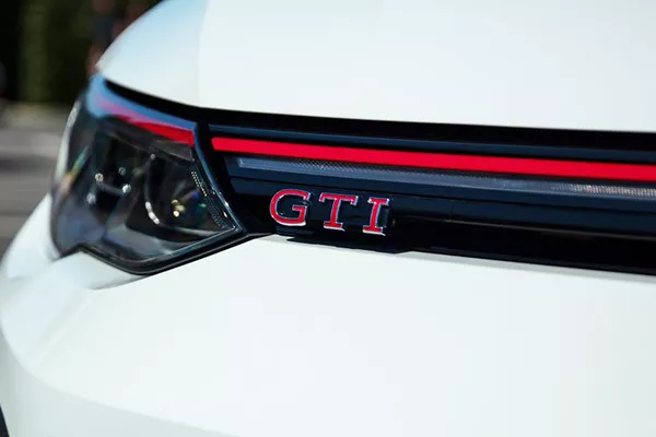 A picture of the GTI logo on the VW Golf GTI