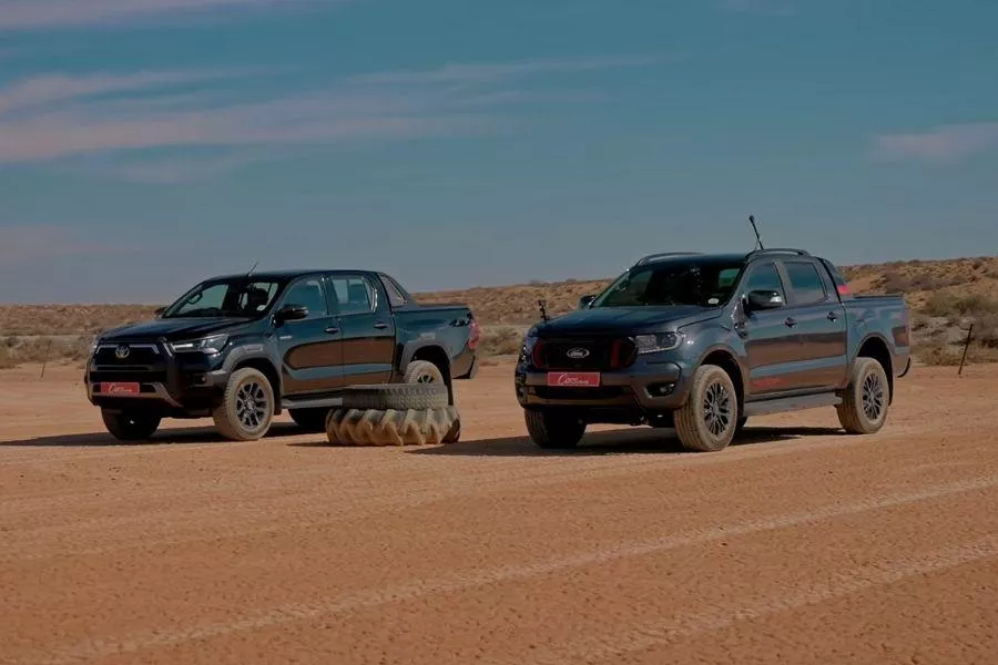 The Hilux and the Ranger side by side about to race