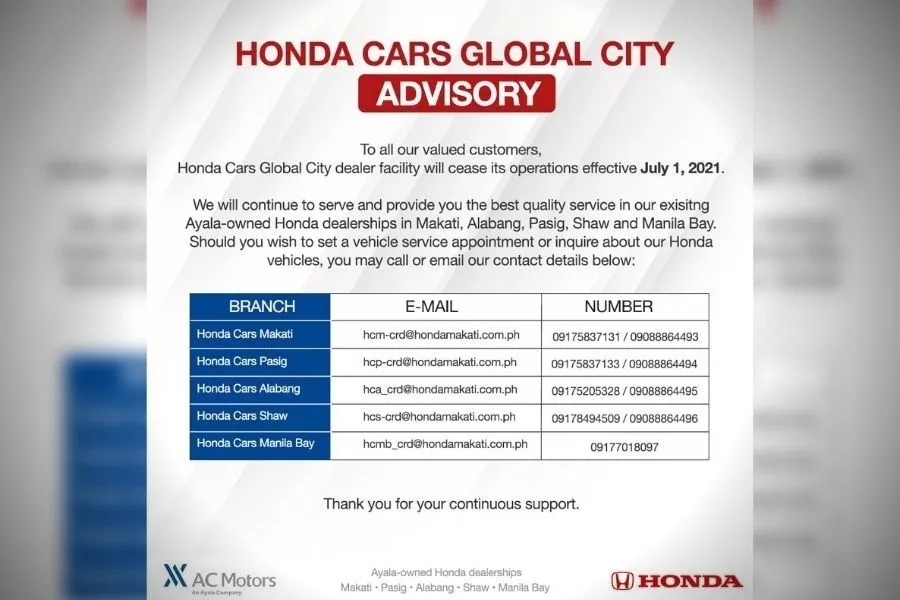 A picture of the official post of the Honda Cars Global City's closure