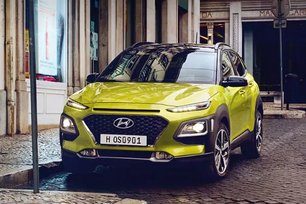 A yellow Hyundai Kona