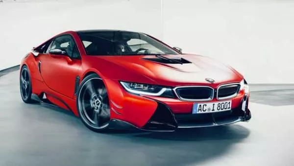 A red modified BMW i8 angular front view