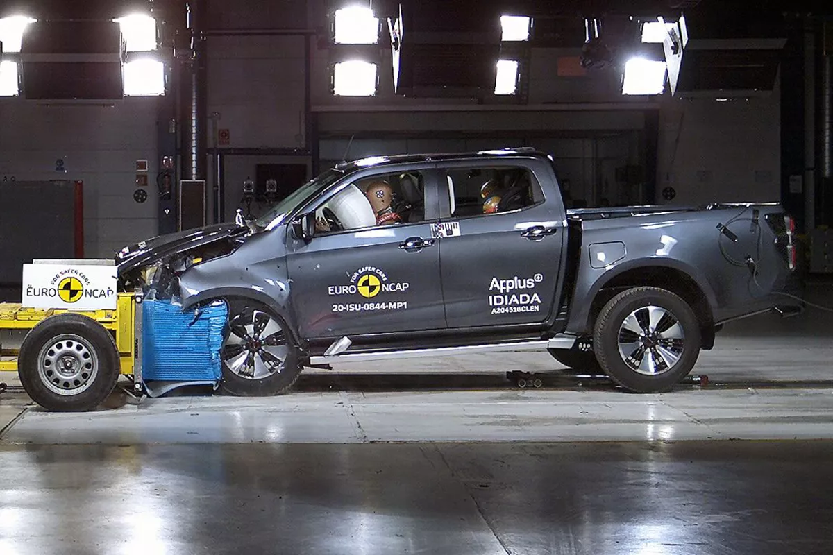 A picture of the 2021 D-Max during the Euro NCAP frontal impact test