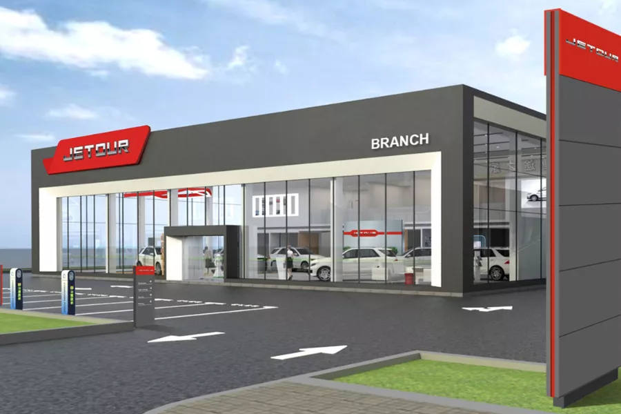 A picture of a 3D rendered Jetour dealership.