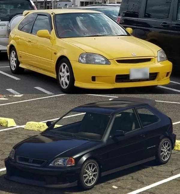 A picture of the GTA V Kanjo and the real life Honda Civic Type R EK9