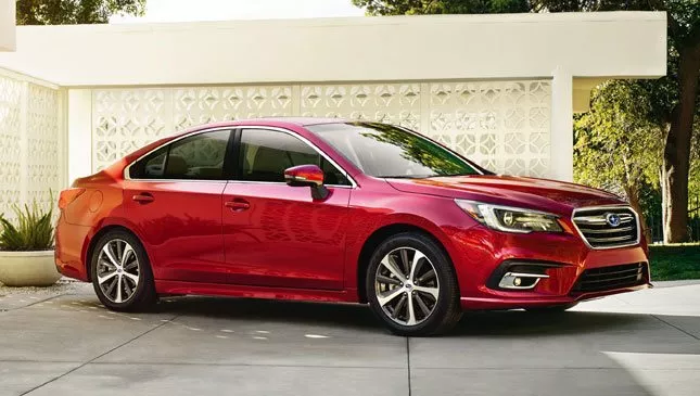 A red 2018 Subaru Legacy angular front view