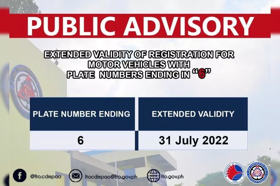 LTO MV Registration Extension for plate numbers ending in 6