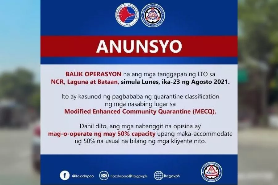 A picture of LTO's official announcement on resumption of operations