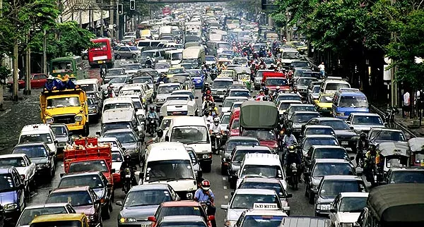 cars caught in a heavy traffic jam