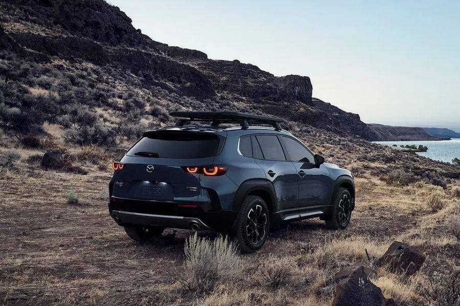 A picture of the rear of the CX-50 while parked in the wilds