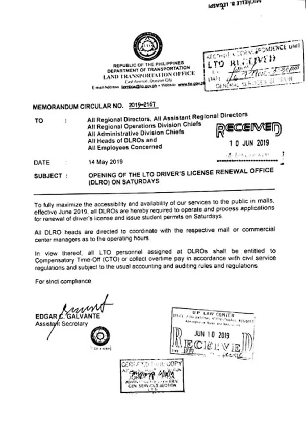 A copy of Memorandum Circular No. 2019-2167 on driving license renewal on Saturdays